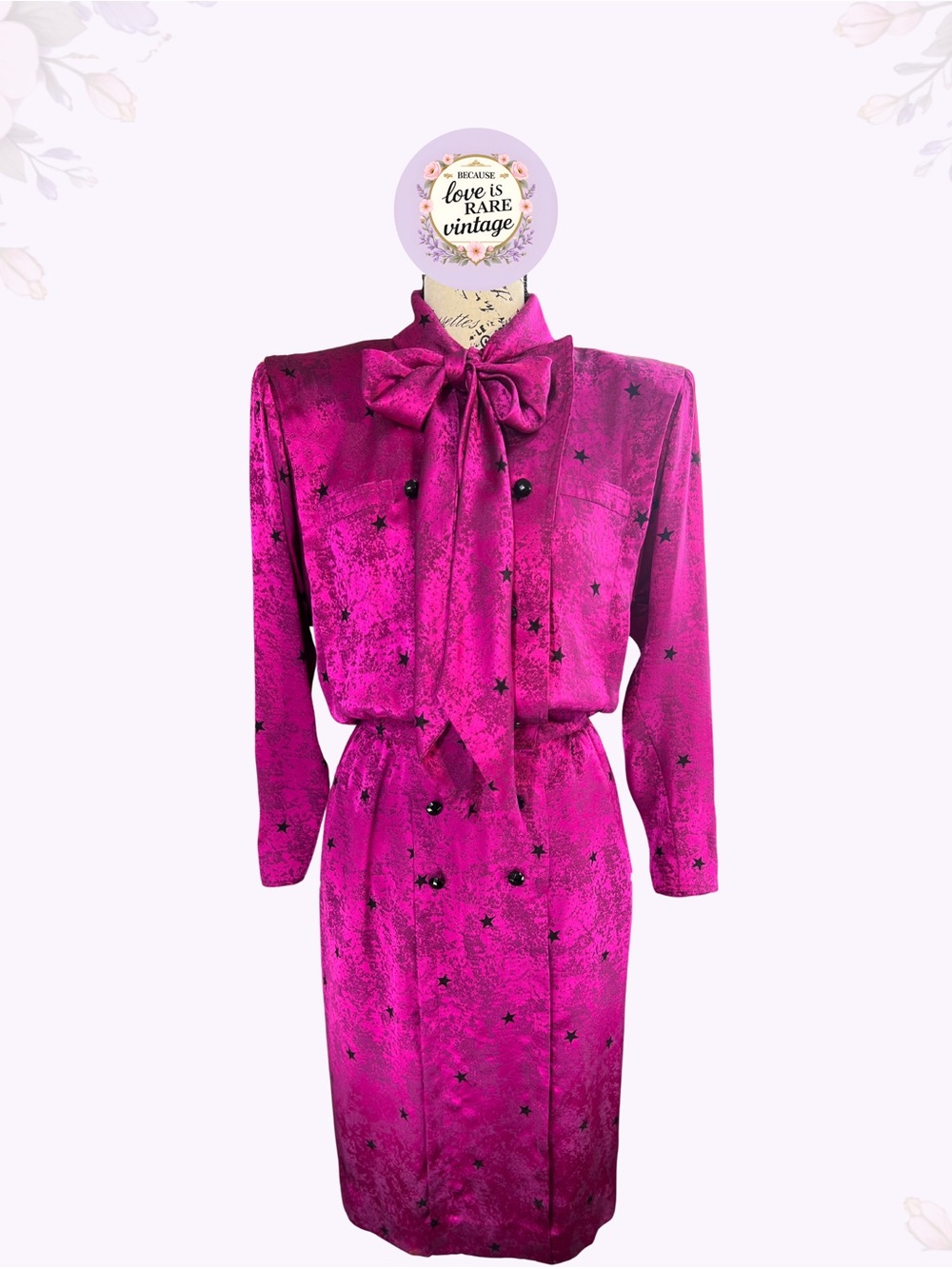 Vintage Emanuel Ungaro Star Print Wrap Dress • 80s Fuchsia Pink Satin Midi Dress